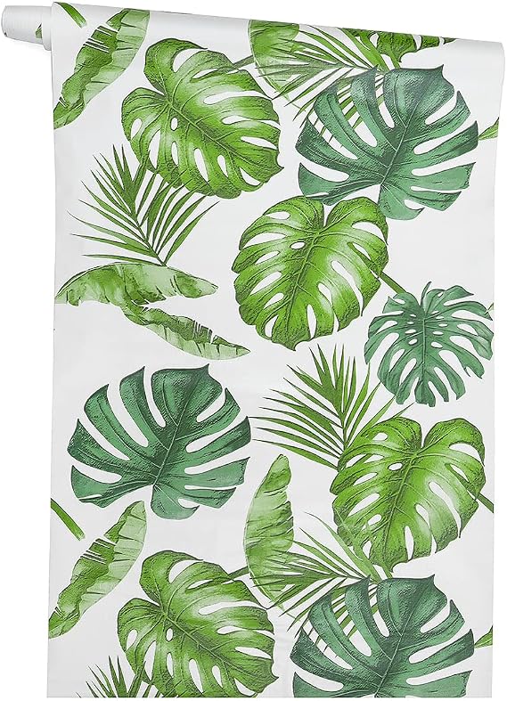 Self Adhesive Green Palm Leaf Shelf Liner Contact Paper Decorative Peel and Stick Tropical Wallpaper Cabinets Dresser Drawer Table Walls Furniture Sticker 17.5X117 Inches