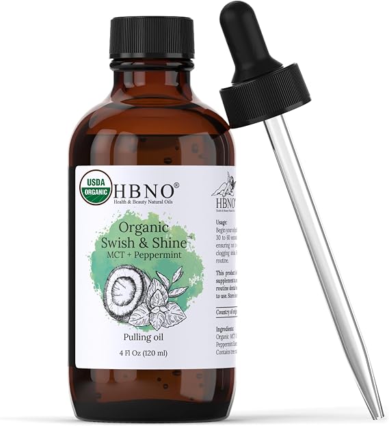 HBNO Organic MCT Oil Pulling Peppermint - Huge 4 oz (120ml) Value Size - Ideal for Everyday use as a Mouth freshener