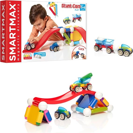 SmartMax Stunt Cars (Basic Stunt) STEM Magnetic Discovery Building Set with Moving Vehicles Featuring Safe, Extra-Strong, Oversized Building Pieces for Ages 3+