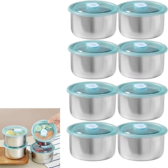 Snack Containers Reusable, 17oz Stainless Steel Food Storage Containers, Dishwasher-Reusable Condiment Containers with Lids (Blue, 8pcs)