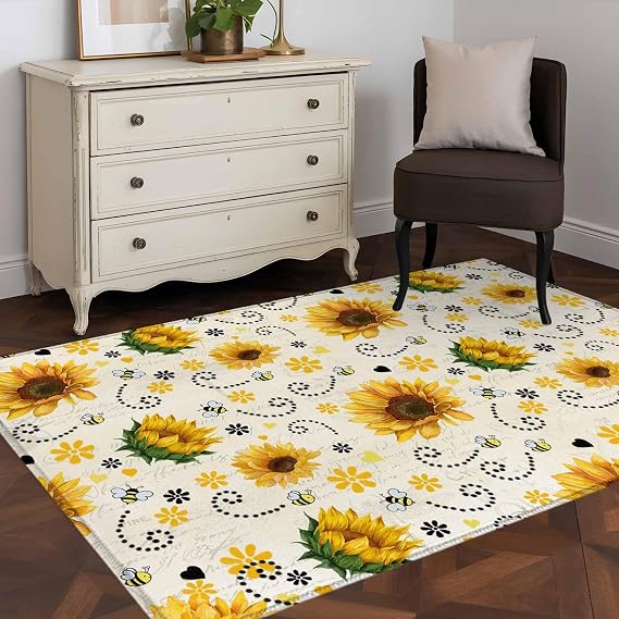 Vintage Sunflower Area Rugs 3'x5' for Living Room Bedroom, Summer Botanical Farmhouse Floral Indoor Outdoor Area Rug, Washable Bathroom Rugs Kitchen Carpet Home Decor Aesthetic
