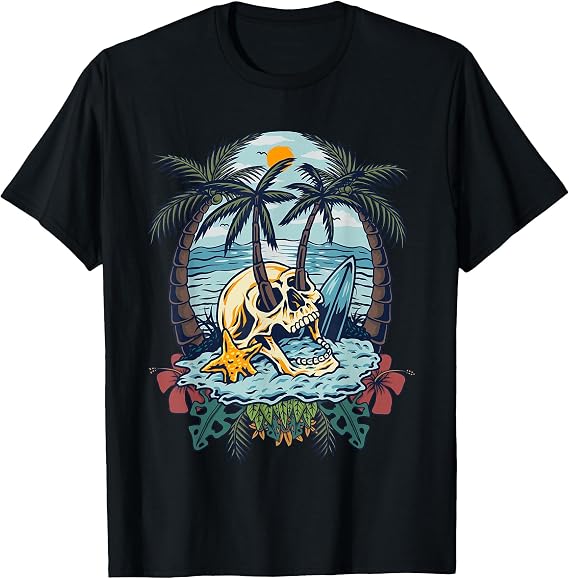 Vintage Palm Tree Skull Summer Beach Men Motorcycle Tattoo T-Shirt