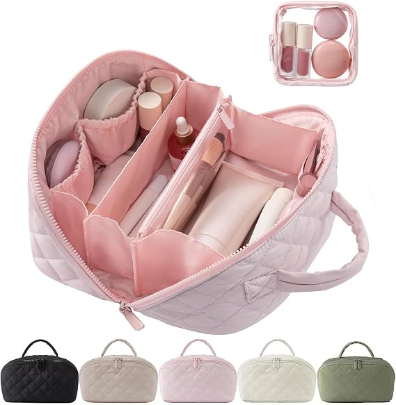 Juoxeepy Travel Makeup Bag Wide Open Lay-flat Cosmetic Bag Quilted Toiletry Bags with Multiple Compartments