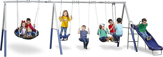 XDP Recreation Fun Forever Swing Set with 6' Wave Slide - 8 User / 6 Station Easy Assembly Galvanized Metal Backyard Play Kids Swing Set. 800 lbs. Capacity, 192" L x 104" Deep x 74" H