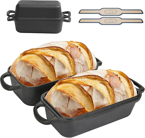 Cast Iron Bread Pan with Lid, Cast Iron Bread Loaf Pan with 2 Silicone Bread Mats, Sourdough Loaf Pan with Lid, Heavy Duty Loaf Pans for Oven Baking Bread, Bread Pans for Homemade Bread(Black)