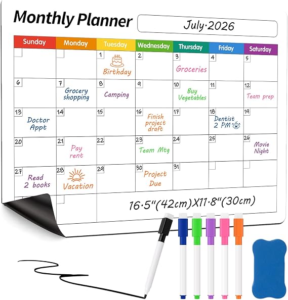FINDMAG Magnetic Whiteboard for Fridge, 16.5x11.8 Dry Erase Calendar for Fridge, Monthly White Board Calendar Dry Erase, Planning Boards and Whiteboard Magnetic with 6 Markers & Eraser