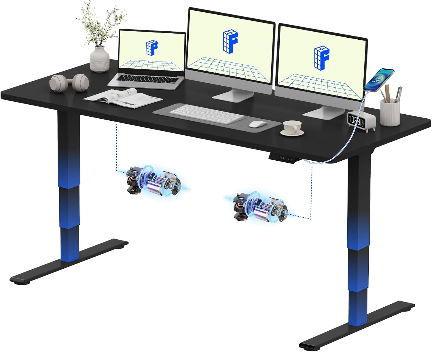 FLEXISPOT E5 180x80cm Electric Standing Desk with USB Dual Motors 3 Stage One Piece Height Adjustable Desk with Memory Smart Panel, Anti-collision System, Black