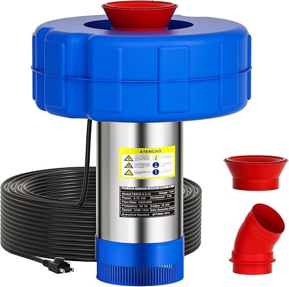 15,000 GPH fully automatic pond aerator floating fountain and pond aerator 110 V 750 W (1 HP) for large and small ponds and lakes, pond fountain including