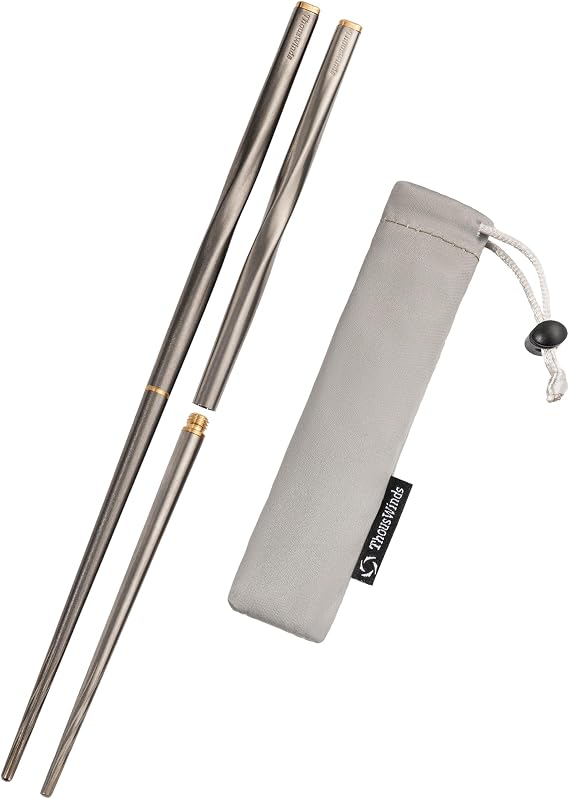 Thous Winds Titanium Chopsticks, Foldable Ultralight Chopsticks, Reusable Utensils for Camping Backpacking Hiking Travel Home, 9-inch, with Storage Bag