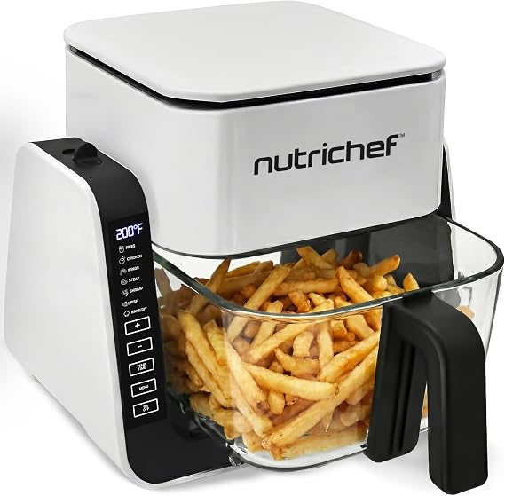 NutriChef 4 QT Air Fryer & Grill | 8-1 Preset Cook Modes | Transparent Fry Bowl for Best Cooking Results | Cook Shrimp, Steak, Fries, Wings & More | 4 QT Glass Air Fryer & 1.2 QT Grill | White