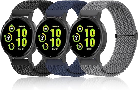 Braid Bands Compatible with Garmin Vivoactive 5/Vivoactive 3 Watch Bands, 3 Pack 20mm Stretchy Nylon Quick Release Wristband for Men Women for Venu/Venu Sq/Forerunner 55/165/245/645