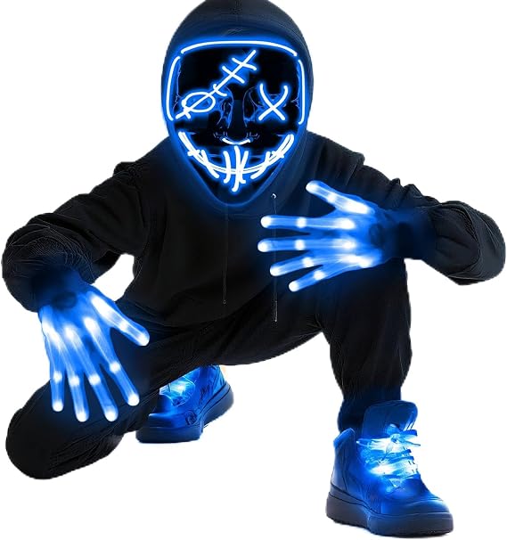 Light up Halloween Costume Set LED Mask Gloves Shoelaces Rave Cosplay Kit