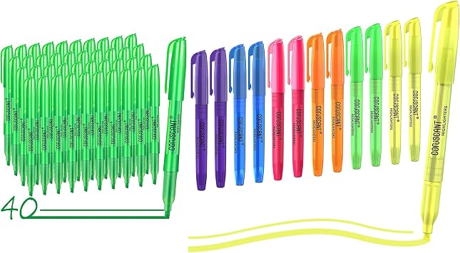 Green and color highlighter, color transparent visible fluorescent pen shell, wide chisel point mark, fluorescent