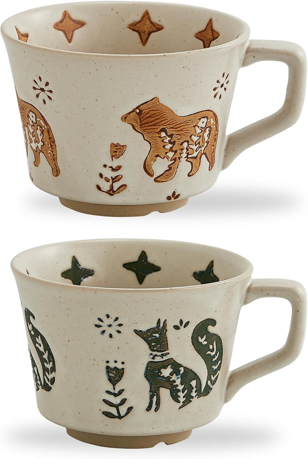 350 ml Vintage Ceramic Coffee Mug Set of 2 - Handmade Stoneware Pottery Countryside Farmhouse Fall Autumn Tea Mugs with Big Handle for Latte,Cocoa,Dishwasher & Microwave Safe Cups Animals