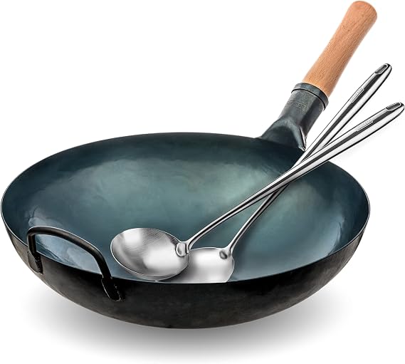 YOSUKATA Blue Round Bottom Wok Pan 14" Woks and Stir Fry Pans + 17 Wok Spatula and Ladle - Set of 2 Heat-Resistant Wok Tools