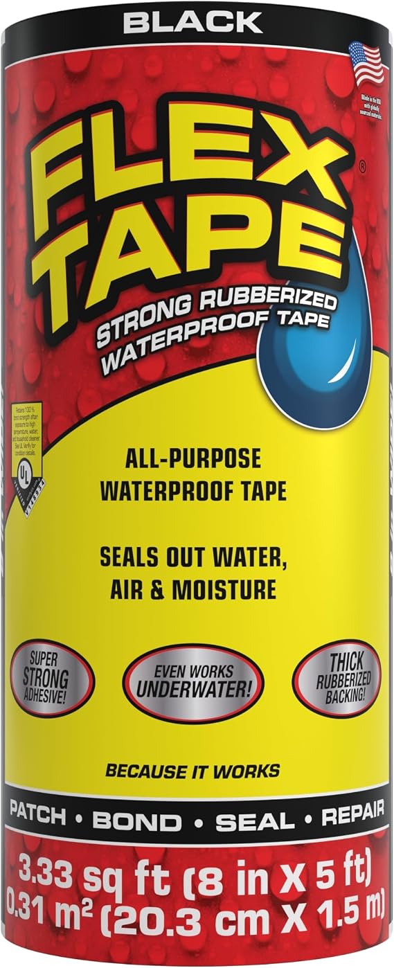 Flex Tape Strong Rubberized Waterproof Tape, Black, 8 in x 5 ft, 1-Pack