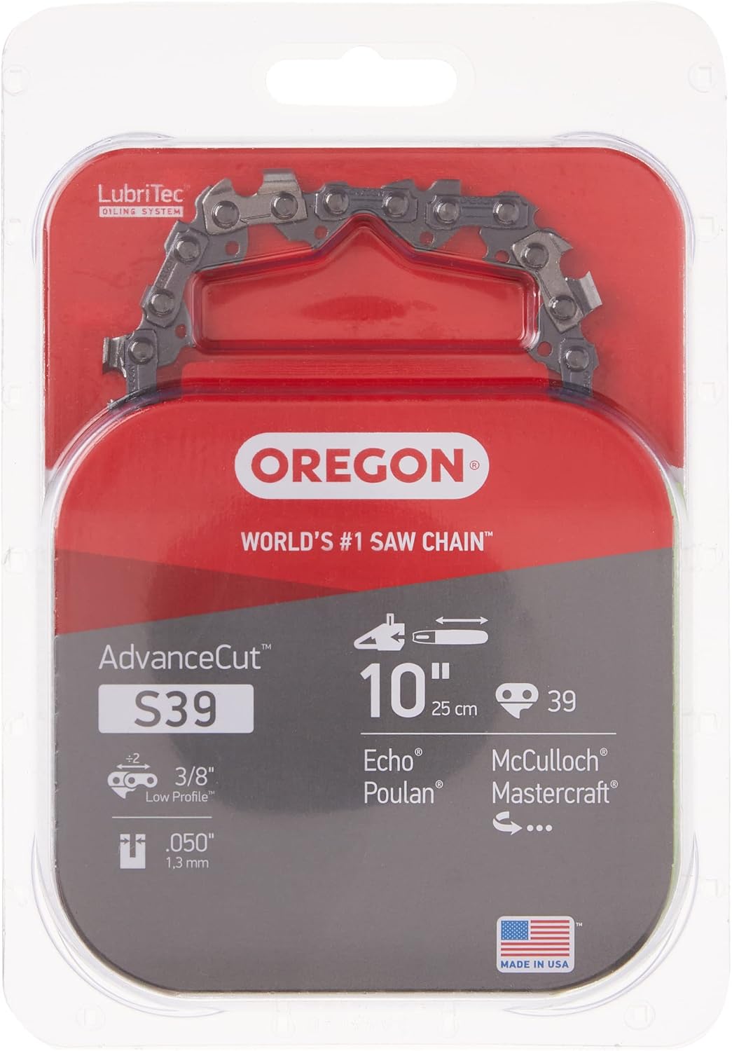 Oregon S39 AdvanceCut Replacement Chainsaw and Pole Saw Chain for 10-Inch Guide Bars, 39 Drive Links, Pitch: 38, .050 Gauge, Fits Atlas, Makita, Poulan, and More