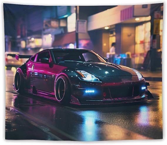 FeoYoed Car Tapestry Wall Hanging Curtain Decor Bedroom Home Living Room Wall Art Tapestries Jdm Car 370z Black Cool Neon Night 50"x60"