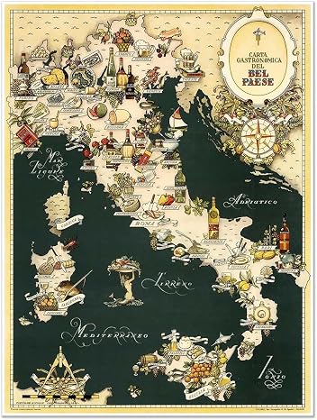 Vintage Italian Food Map Wall Art, Carta Gastronomica del Bel Paese circa 1949 by Vsevolod Niculin Cosmographus, Mediterranean Culinary Regions Poster, Decorative Gourmet Italy Kitchen Print (12 x 16 inches)