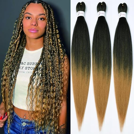 Pre stretched Braiding Hair 32 Inch Brown Braiding Hair Extensions Yaki Braids Hair Hot Water Setting Synthetic Hair Colored Braiding Hair Pre stretched Crochet Hair(32Inch,3 Packs,1B/27#)