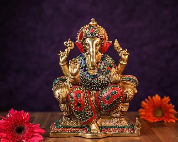 SHIVAJIARTS Brass Ganesh Statue, 25CM Big Size Inlay Work Ganesha Idol, Hindu Deity of God Luck, Vinayak Ganpati, Lord of Wisdom, Brass Sculpture Figurine, Gold, 4.5 X 8 X 10 inches