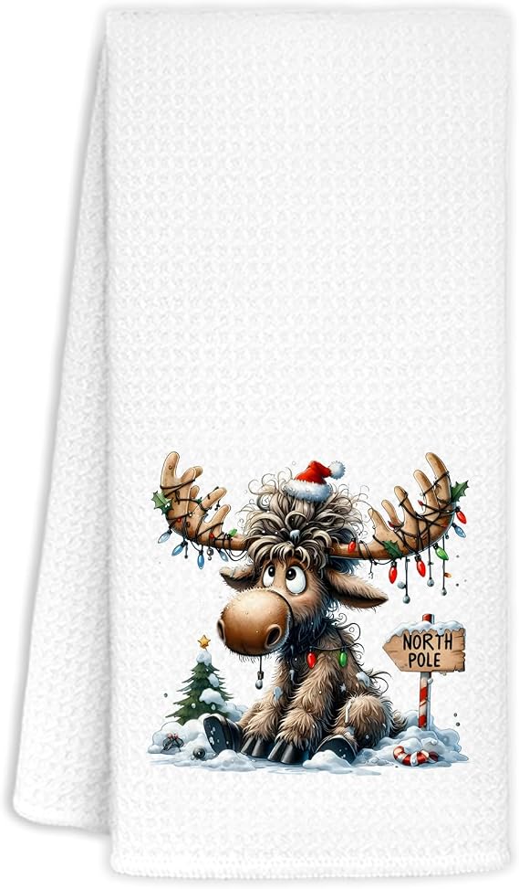 Christmas Moose Kitchen Towels, Gifts for Moose Lovers Decorative Dish Tea Towels for Kitchen, Christmas Light Santa Deer Hand Towel for Bathroom, 16x24 Inch