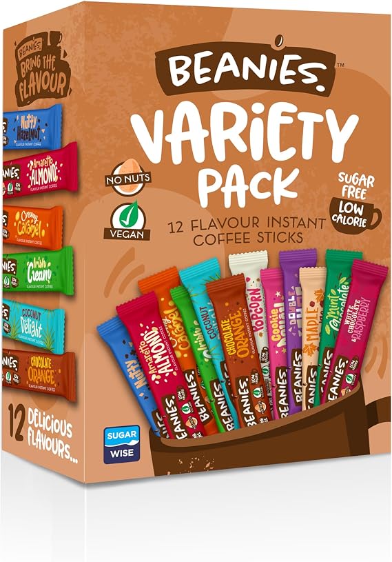 Beanies Mixed Flavoured Instant Coffee 12 Sachets with 12 Different Flavours in a variety pack, Freeze-Dried Granules, Premium Taste, Nut-Free, Rich in Flavour, Low-Calorie, Gluten-Free, Vegan