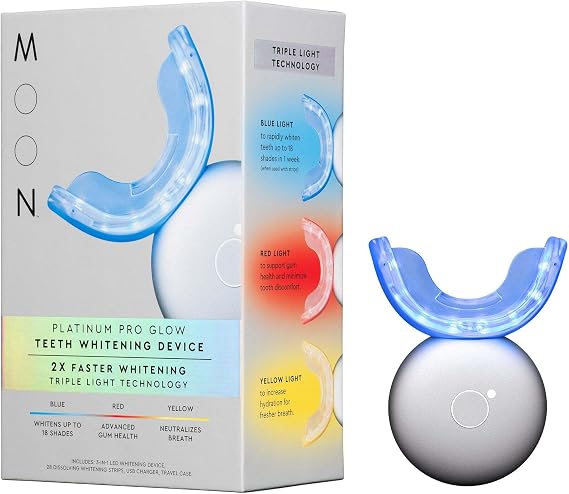 MOON Teeth Whitening Kit, Platinum Teeth Whitener LED Device, 28 Dissolving White Strips, Yellow, Blue & Red Light Whitening Tray for Gum Health & Fresh Breath, Whitens Up to 18 Shades (4 Piece Kit)