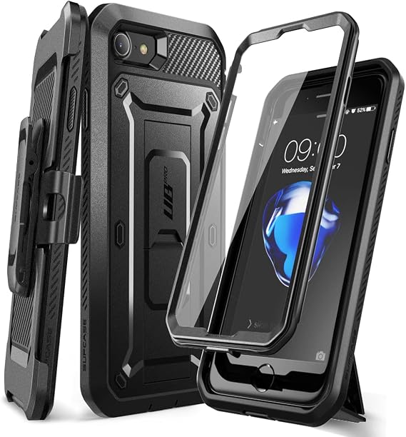 SUPCASE for iPhone SE 3rd / SE 2nd /7/8 Case with Screen Protector, Black | Built-in Kickstand, 360 Rotating Belt Clip, Full-Body Rugged Holster Case, Military-Grade Protection, Unicorn Beetle Pro