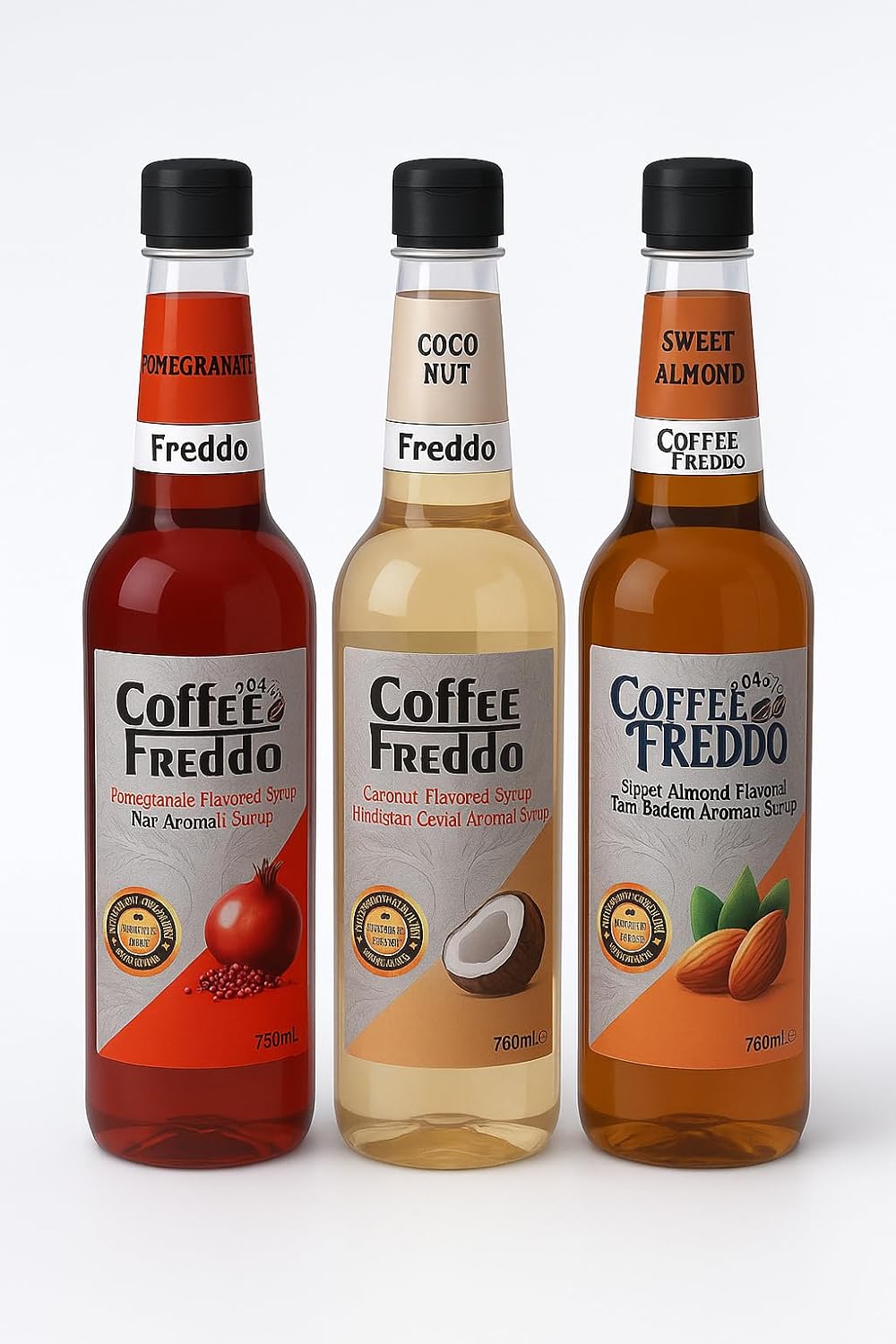 Pomegranate, Almond, Coconut Flavored Coffee Syrup, Coffee Syrups Set of 3 3x750 ml