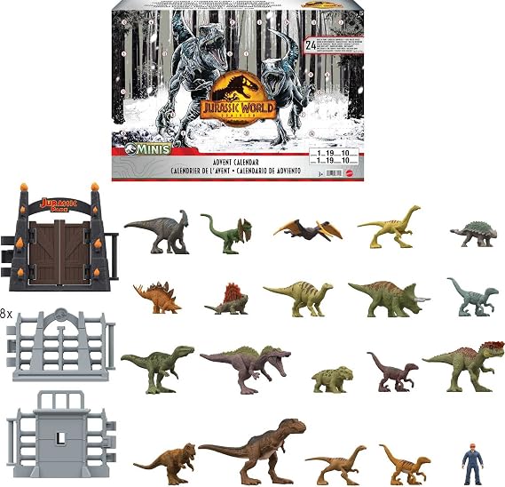 Mattel Jurassic World Dominion Advent Calendar, 24-Day Countdown, Daily Surprise of Mini Dinos, Humans & Gate Pieces, Holiday Gift