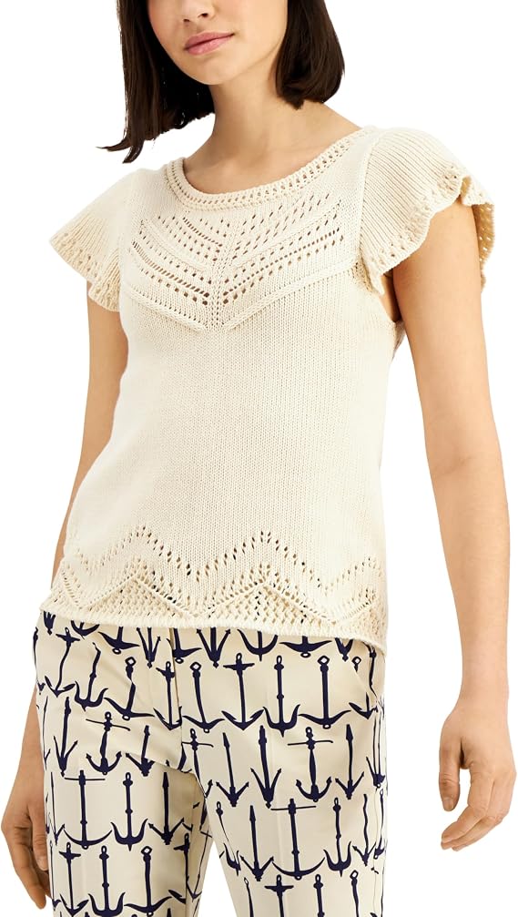 Weekend Max Mara Palio-Knit Flutter-Sleeve Top Ecru XL