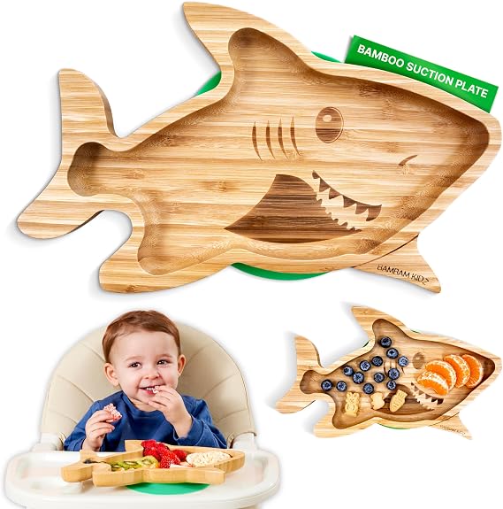 Bamboo Suction Plates for Baby - Strong Suction Plates for Toddlers - Non-toxic All Natural Eco Friendly Materials - Shark