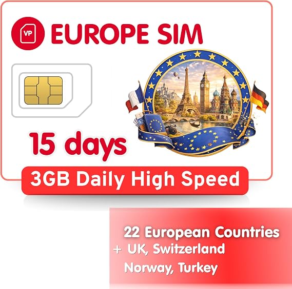 ヨーロッパ旅行simカード – 3gbの毎日の高速データ+無制限データ、15日間、ヨーロッパ22か国+英国、スイス、ノルウェー、トルコをカバー