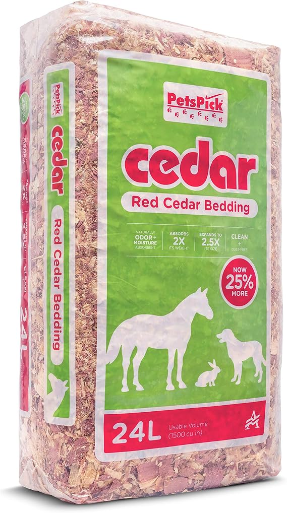 PETSPICK Red Cedar Pet Bedding for Dogs, Horses, Stalls and Kennels, 24 L | Red cedar bedding provides a natural layer for dogs, horses, stalls, kennels and animal areas; 24 L package.