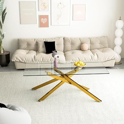 HomVent 47.2 Rectangular Clear Tempered Glass Coffee Table,Stylish Design with Golden Metal Legs, Coffee Table for Living Room Gold