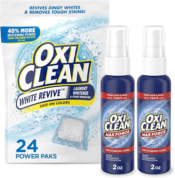 Bundle of OxiClean White Revive Laundry Whitener and Stain Remover Power Paks, 24 Count + OxiClean Max Force Laundry Stain Remover Spray, 2 fl oz, 2PK
