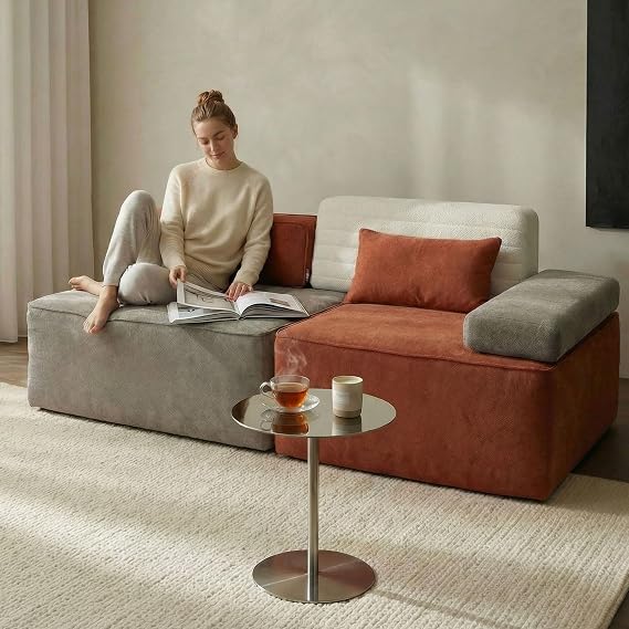 Modular Sectional Sofa, 2-Seater Fabric Sofa Bed, Comfortable And Compact With Individually Pocketed Springs,Suitable For Living Rooms, Children's Rooms And Offices, Grey/Orange/White Colour Scheme