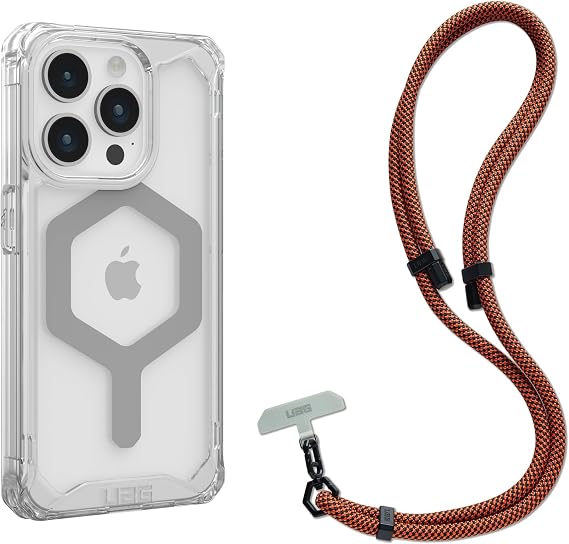 URBAN ARMOR GEAR UAG Designed for iPhone 15 Pro Case Plyo Ice/Silver 6.1" Compatible with MagSafe Bundle with UAG Civilian Phone Crossbody Lanyard 10mm Adjustable Body Strap Rust/Black