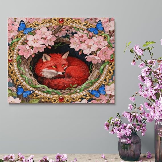 Canvas Art Wall Decor Modern Vintage Wall Pictures for Living Room Fox Fern Bloom Art Nature Landscape Art Canvas Prints Work for Home Office Kitchen Decoration 08x10inch(20x25cm)