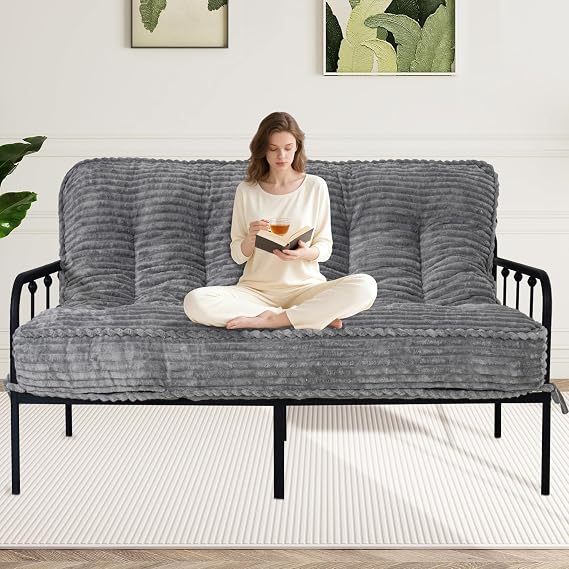 8 Inches Futon Mattress Full Size, Extra Thick Futons Sofa Couch Bed with Strap Design, Japanese Floor Mattress for Adults, Folding Mattres Shredded Foam Filling (Frame Not Included), Light Grey