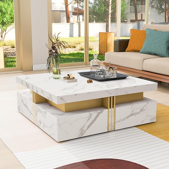 Modern White Square Storage Coffee Table with 4 Drawers