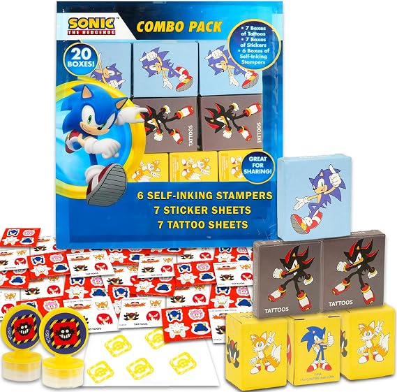 Sonic The Hedgehog Sonic Party Favors for 20 Guests Bundle ~ 20 Pieces Favor Boxes with Stickers, Tattoos and Stampers for Kids Birthday Party | Sonic Party Supplies and Decorations Combo Pack