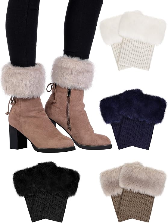 Pangda 4 Pairs Women Faux Fur Leg Warmers for Winter - Furry Fuzzy Knitted Boot Socks