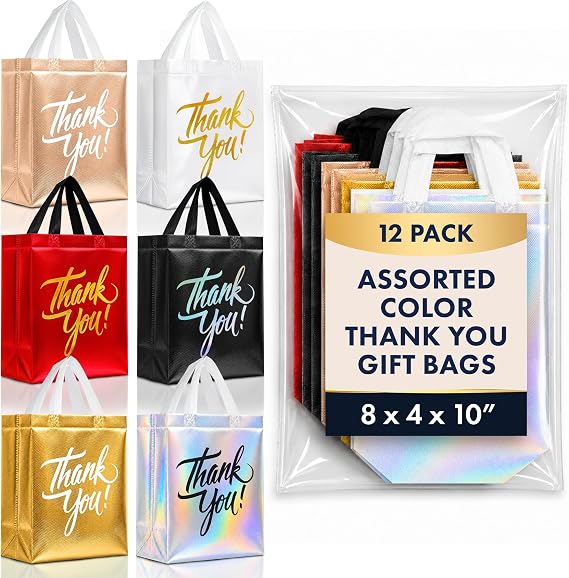 Nush Nush 12 Reusable Medium Thank You Gift Bags with Handles, 6 Colors