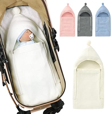 Newborn Baby Swaddle Blanket Knitted Baby Hooded Sleeping Bag Soft Warm Stroller Wrap Cozy Receiving Blanket for 0-6 Months Boys Girls Beige