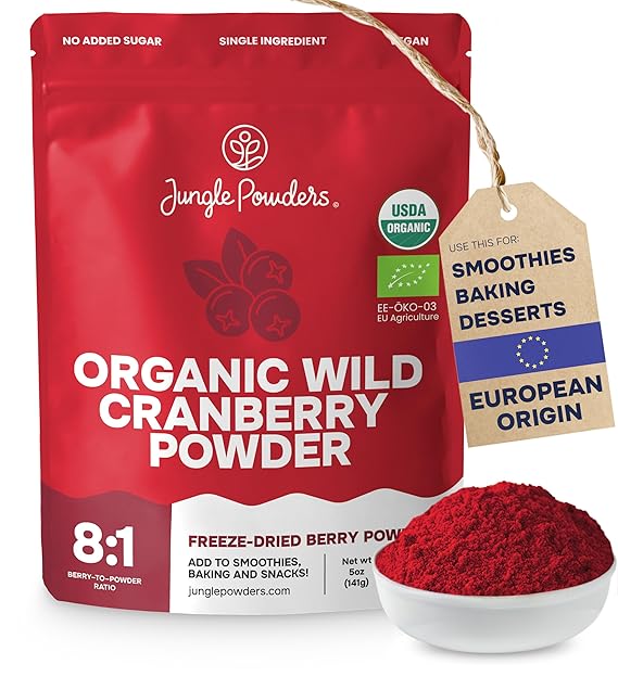 Jungle Powders Wild Cranberry Powder Organic 5 Ounces, USDA Certified Freeze Dried Organic Cranberries Powder for Baking Flavoring Smoothies, Additive Filler Free Superfood Extract from Whole Berries