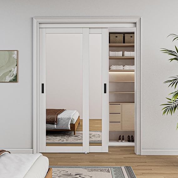 Bypass, 60" x 80" Sliding Closet Door, Double 31" Panels with One Side Mirror, Primed & Paintable Surface, White, Pre-Assembled Panels & Hardware Kit for Bedroom/Closet/Laundry