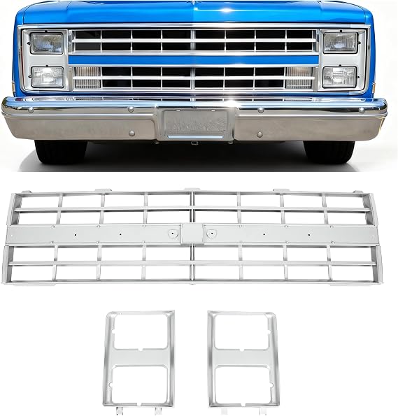 KUAFU Front Grille Grill & Headlight Bezel Compatible with 1985-1988 Chevy C10C20C30K5K10K20K30R10R20R30V10V20V30 Blazer Suburban 15598727 15598728 GM1200140 GM2513126 Chrome