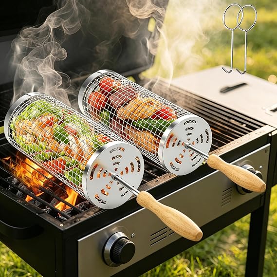 Grill Baskets for Veggies, 304 Stainless Steel Rolling Grill Basket